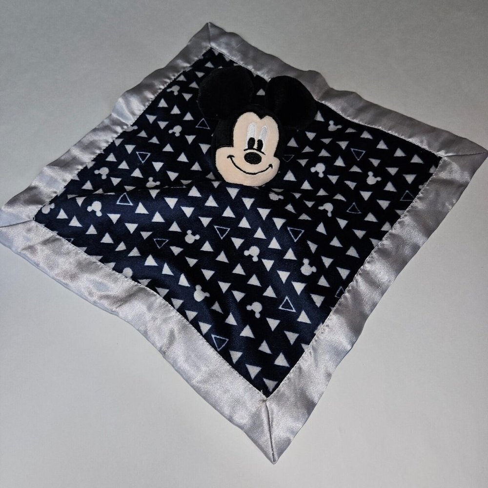 Disney Baby Mickey Mouse Rattle Lovey Plush Baby Toy Blue Gray Fleece Satin